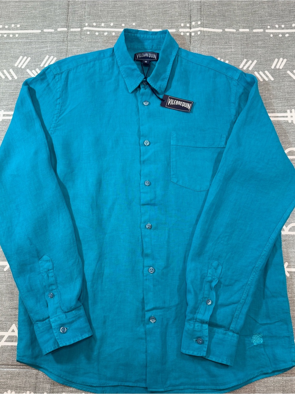 Vilebrequin Caroubis 100% Linen Shirt Lagon Turquoise Blue Medium - Picture 2 of 10
